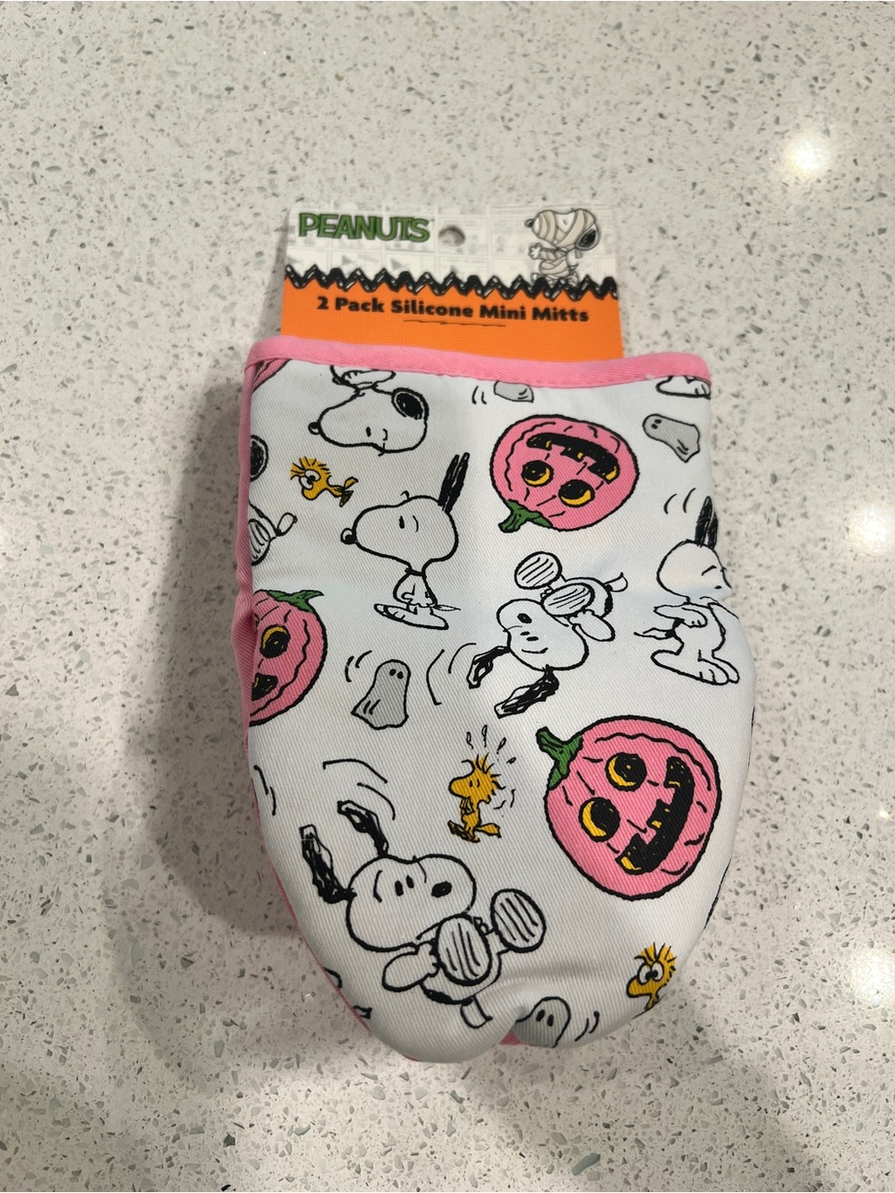Peanuts Girly Pink Halloween silicone baby mitts with Snoopy, Woodstock